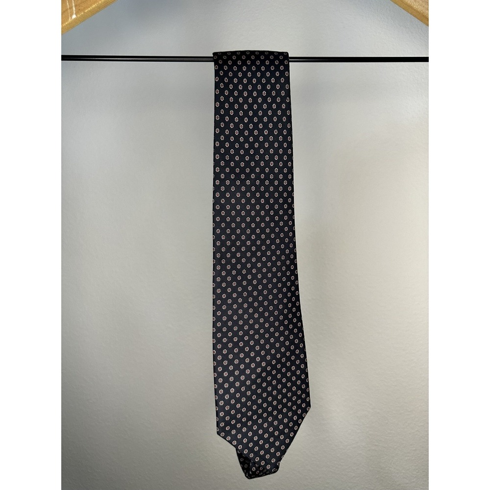 Martelli Firenze 100% Silk Tie dark‎ blue w/  small white and red flower pattern